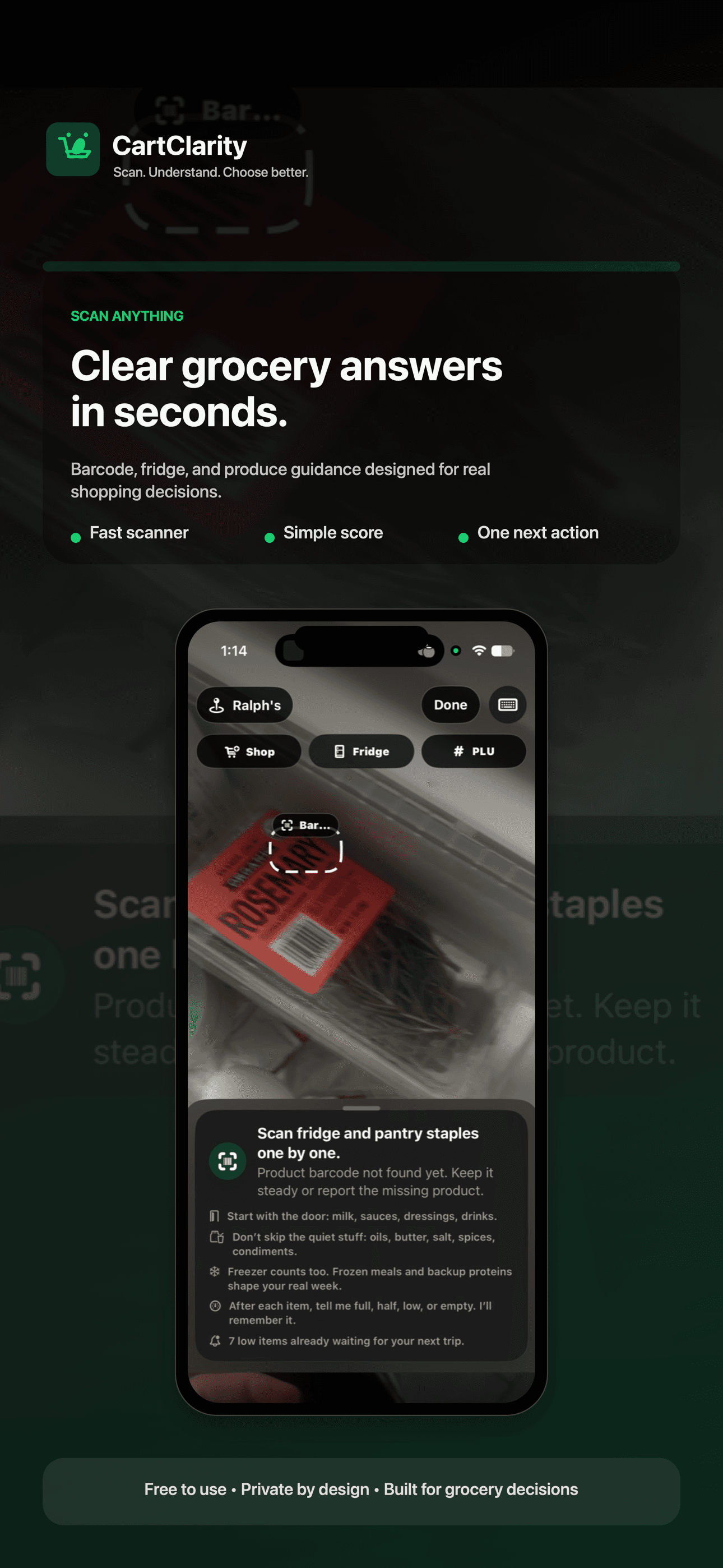 CartClarity scan screen showing a clear food score