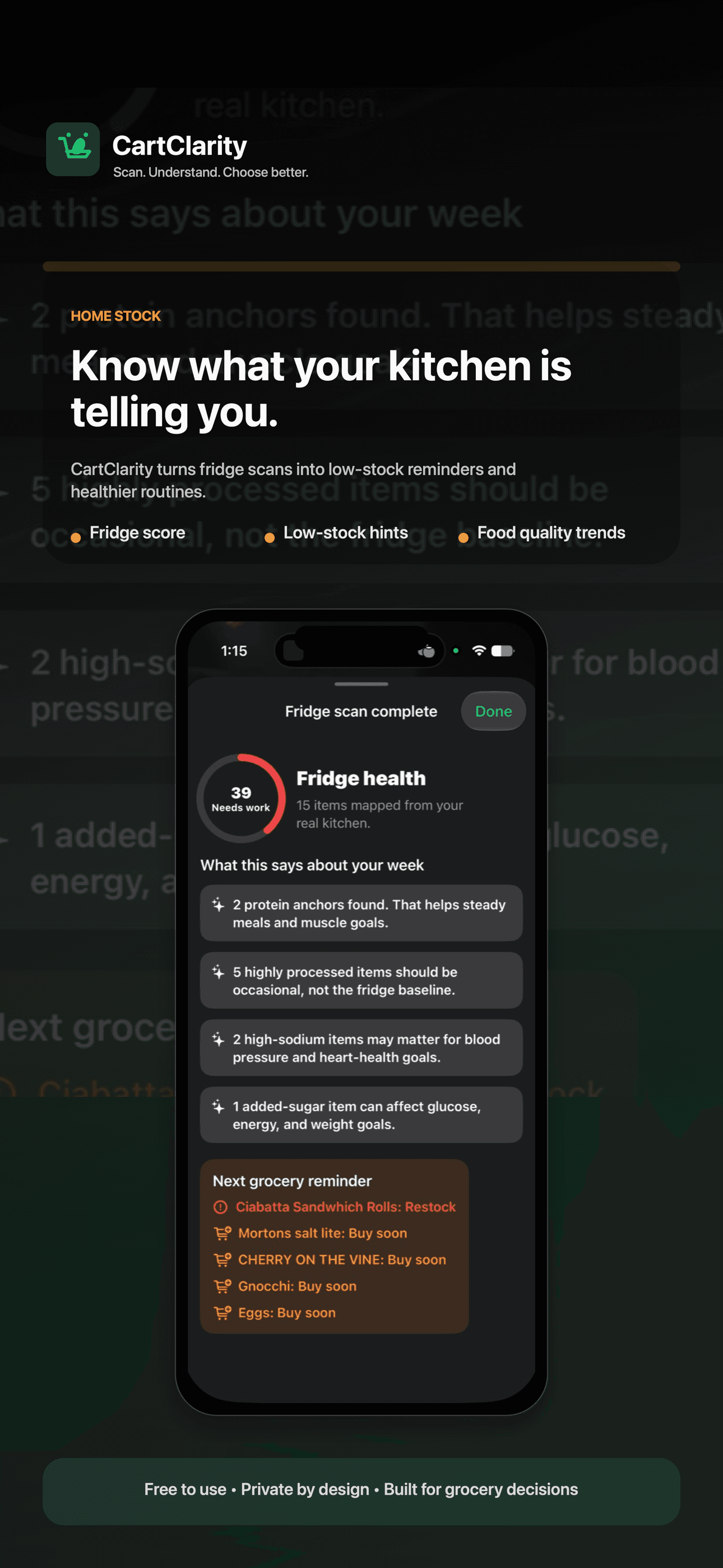 CartClarity home stock and health summary screen